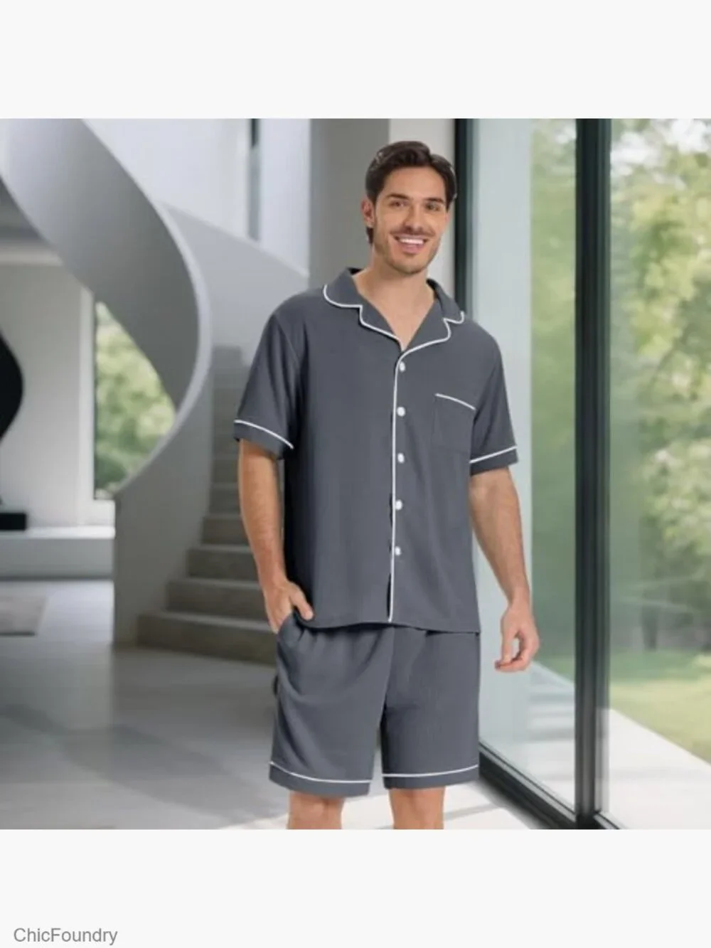 Waffle Knit Pajama Set with Pockets Short Sleeve Loungewear